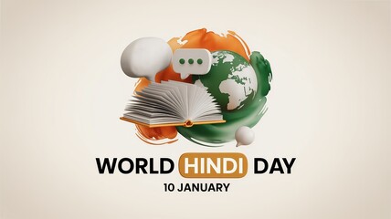 World Hindi Day Illustration with Open Book, Hindi Letter and Globe