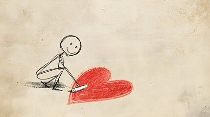 Cute Stick Figure Drawing Red Heart with Chalk on Grunge Paper Background Illustration