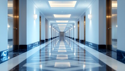 白い壁と天井が続く長い廊下 — シンプルで美しいミニマリスト空間
Long White Hallway with Clean Walls and Ceiling — Simple and Beautiful Minimalist Space
