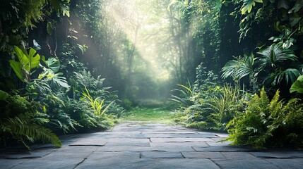 A stone pathway leads through a lush, green forest scene with sunlight filtering through the dense foliage, creating a magical atmosphere. This lush environment evokes tranquility and natural beauty