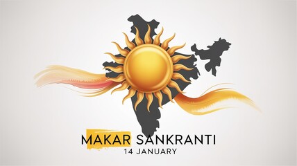 Makar Sankranti Festival Illustration with Golden Sun and Kite