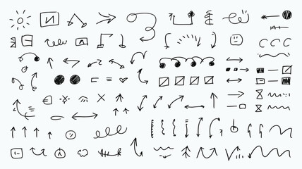 Minimalist set of hand drawn ui annotation symbols with arrows and icons on white background for design and infographics