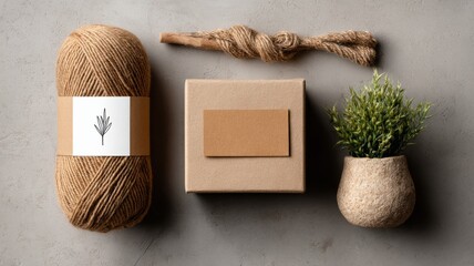 packaging mockup for macram&eacute; kit, kraft box, label area for logo, cords and dowel peeking