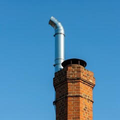 Architectural detail of a brick chimney stack with a metal flue liner extending upward, set against a clear blue sky background ,residential ,hearth ,roof