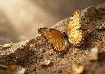 Enchanting Golden Butterfly with Delicate Wings on Textured Brown Pebbles and Sparkle
