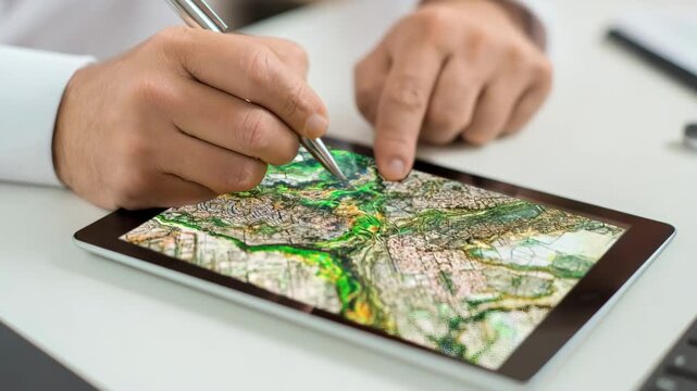 Engineer reviewing detailed digital septic system maps on a tablet inside a modern office environment.