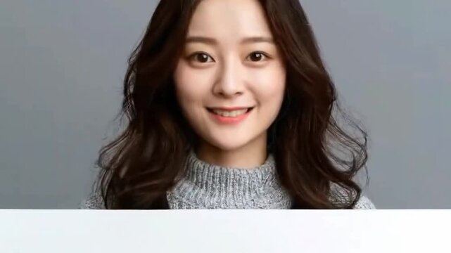 A smiling young adult female, with warm brown hair, confidently holds up a blank white sign against a clean, neutral gray background. Her cheerful and welcoming expression conveys positivity, engageme