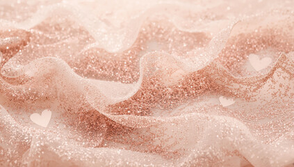 Fototapeta premium Rose gold glitter fabric with soft hearts and flowing texture, romantic shimmer and delicate