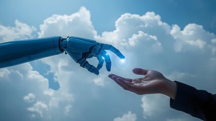 Futuristic Blue Robot Hand Extending to Touch Human in Technology Assistance Collaboration Concept