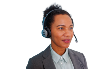 Woman wearing headset working, providing customer service and support, call center agent communicating with transparent background