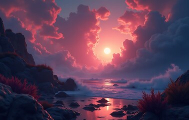 Energetic Dramatic Pink and Blue Sunset Clouds Reflecting on Water with Rocky Shore