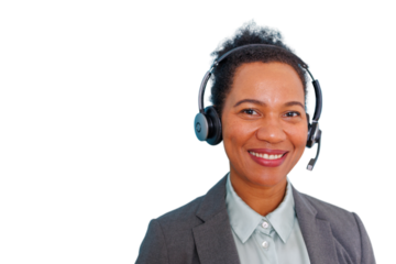 Smiling customer service representative wearing headset, providing online support on transparent background
