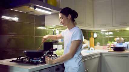 Woman cooking food on gas stove in modern home kitchen interior. Concept of lifestyle advertising, home cooking services, digital promo visuals, website banners and everyday domestic content.