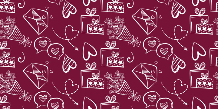 Seamless Valentines Day doodle pattern with gifts, hearts, flowers and love envelopes in white on burgundy background. Ideal for romantic fabric, wrapping paper and festive design