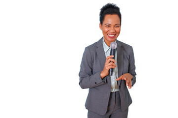 Businesswoman speaking into microphone, giving presentation, smiling, communicating, leading a...