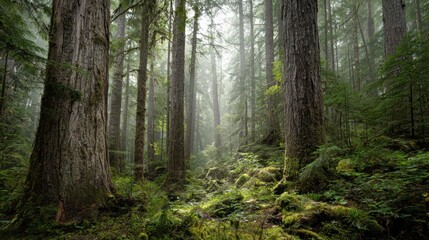 Fototapeta premium Pristine dense woodland landscape with rich greens, misty depth, and natural textures