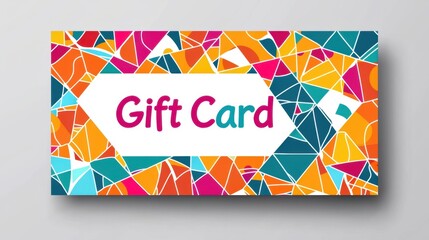 Colorful gift card with geometric patterns is displayed on a plain background for promotional purposes