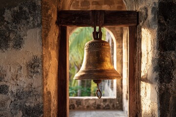 Obraz premium Quiet sacred scene: rustic church bell in a stone belfry of a Southeast Asian church