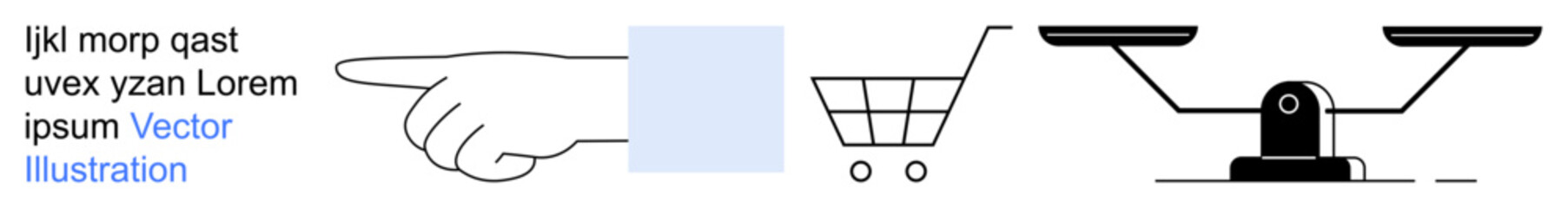 Decision-making, consumer behavior, balance, shopping, justice, purchasing power. A hand points, a shopping cart and a balance scale. Decision-making and consumer behavior concepts © robu_s