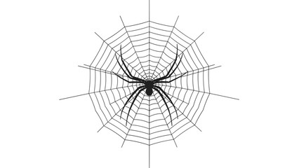 Obraz premium Black silhouette of a large spider sitting in the center of its intricate geometric spider web isolated on a plain white background.