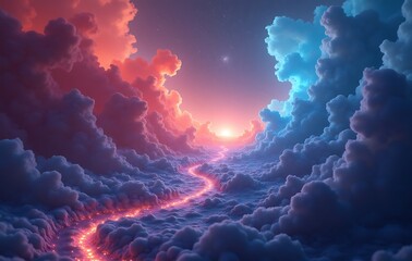 Energetic Surreal Digital Sky with Billowing Clouds and Bright Ethereal Serpentine Path