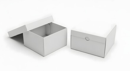 Two white cardboard boxes one open and one closed on a white background
