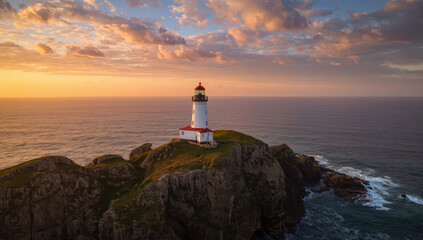 Fototapeta premium Lighthouse on rugged cliff at sunset with dramatic clouds and ocean horizon