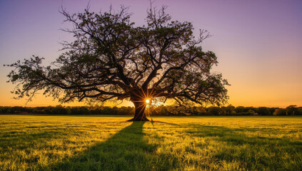 Fototapeta premium Ancient gnarled oak tree at sunset with sunburst and long shadow across grassy field