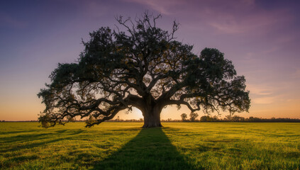 Obraz premium Ancient gnarled oak tree at sunrise casting long shadow across green field, serene mood