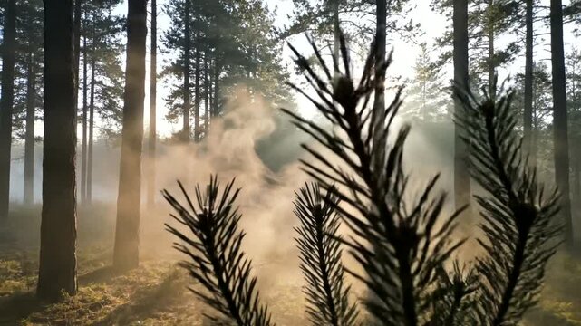 Sunlight filtering through a misty forest with tall pine trees and a small sapling.