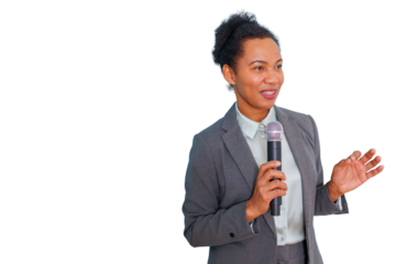 Professional businesswoman presenting at conference, holding microphone and speaking, conveying leadership and communication, transparent background