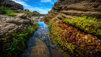 Rocky tide pool with clear water, seaweed and layered sandstone under blue sky