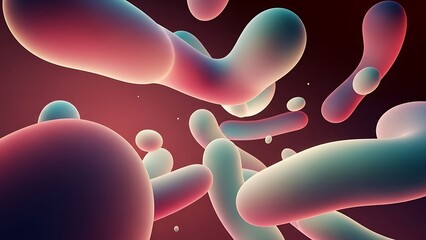 A vibrant, 3D-rendered illustration of variously sized and colored microorganisms or cells floating against a dark red background with a shallow depth of field.