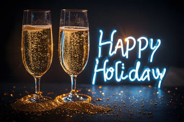 Two Sparkling Champagne Glasses with Blue Neon Happy Holiday Sign and Gold Glitter
