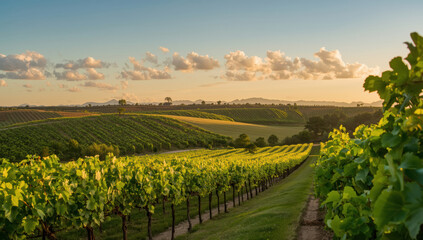 Fototapeta premium Rolling vineyard hill sunset landscape with golden light and soft clouds