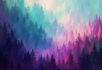 Ethereal Atmospheric Digital Forest Woods Background with Ombre Turquoise Violet Magenta Brushstrokes