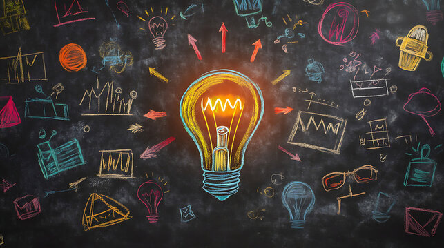 Creative glowing light bulb on chalkboard background with hand drawn business icons, brainstorming and innovation concept, startup strategy, education and knowledge, problem solving.