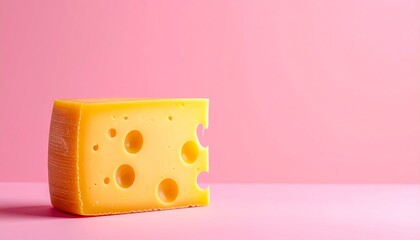 Swiss Cheese Block with Copy Space on Pink Pastel Background for National Swiss Cheese Day Promotion