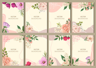 Set of abstract backgrounds with flowers. Vector for flyers, postcards, design, and social media.
