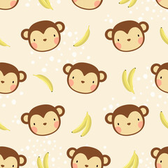 Seamless pattern with cute monkeys and bananas. Vector.
