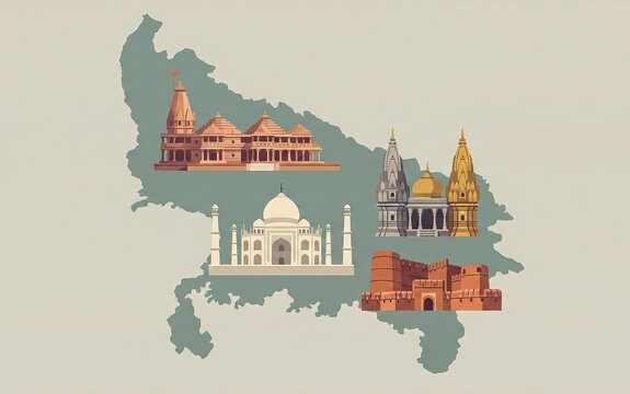 Uttar Pradesh Day poster design with iconic monuments in map.