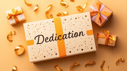 Gift box with the word dedication surrounded by smaller wrapped gifts and ribbon on a light background