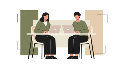 Fototapeta premium Two people collaborating on laptops in a modern office workspace with minimalistic design