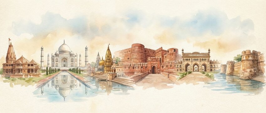 Uttar pradesh iconic monuments in watercolor style.
