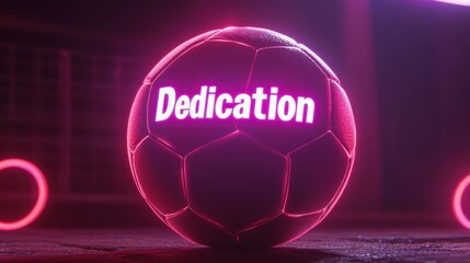 Soccer ball with the word Dedication in bright letters at a sports field during night time