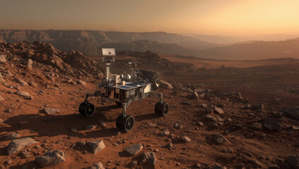 Mars rover on rocky red landscape at golden sunset