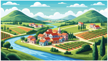 country landscape with ricefield and houses in the hill vector illustration