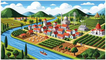 country landscape with ricefield and houses in the hill vector illustration
