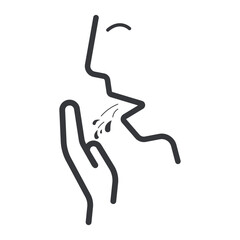 Isolated outline pictogram of person coughing with saliva spray and hand covering mouth, symbol for public health and cough etiquette.