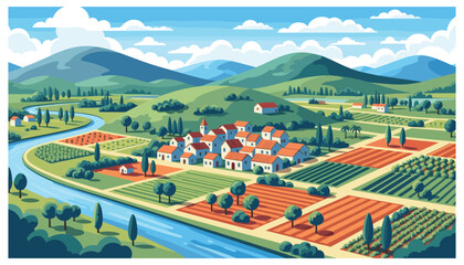country landscape with ricefield and houses in the hill vector illustration